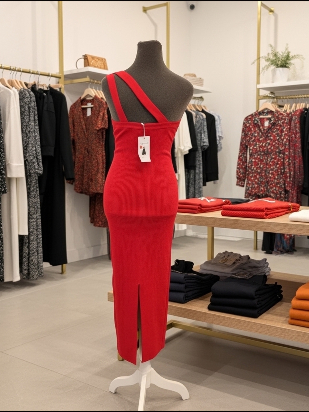 ZESICA‎ Red One Shoulder Bodycon Midi Dress Sleeveless Slit Size M - Picture 2 of 9